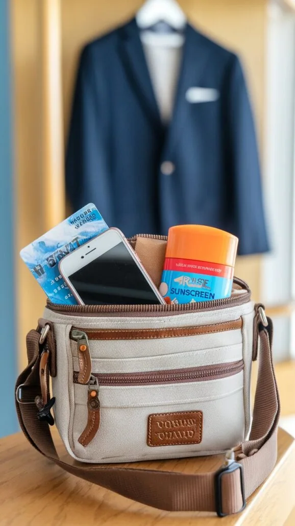 A beige and brown shoulder bag sits on a wooden table, perfect for a 5-Day Cruise. Inside the open bag are a smartphone, an orange sunscreen container, and a blue packet. In the background, a dark suit jacket hangs on a hanger, ready for any adventures that await.