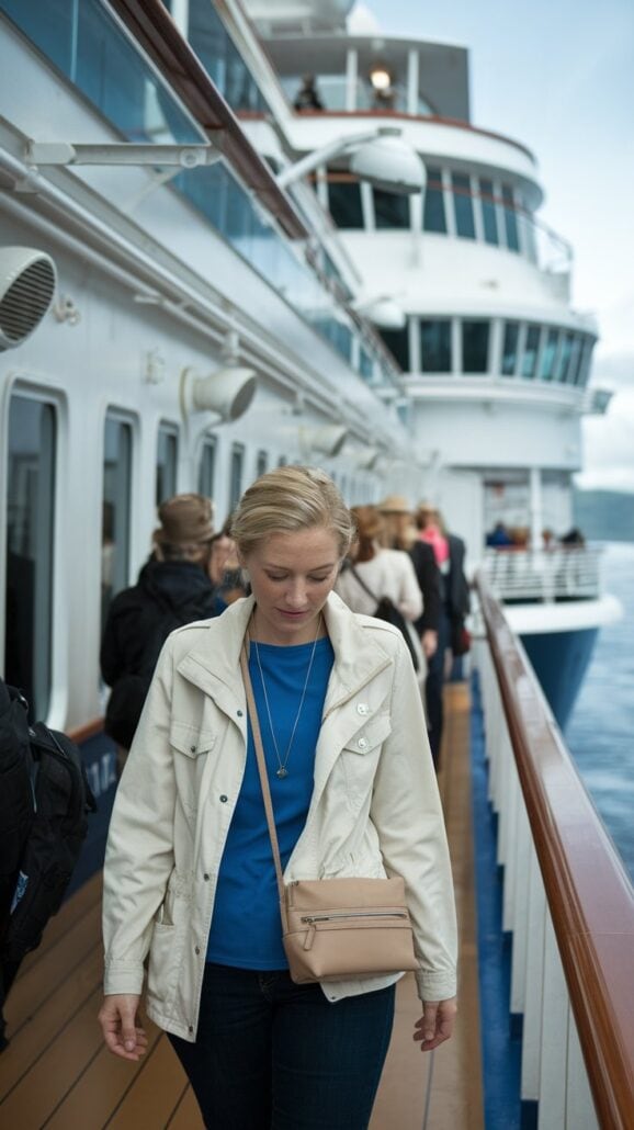 A woman in a white jacket and blue shirt walks on the deck of a cruise ship, her essential items tucked in a light brown crossbody bag. She looks down as the ship sails on calm waters under a cloudy sky, with other passengers visible in the background.