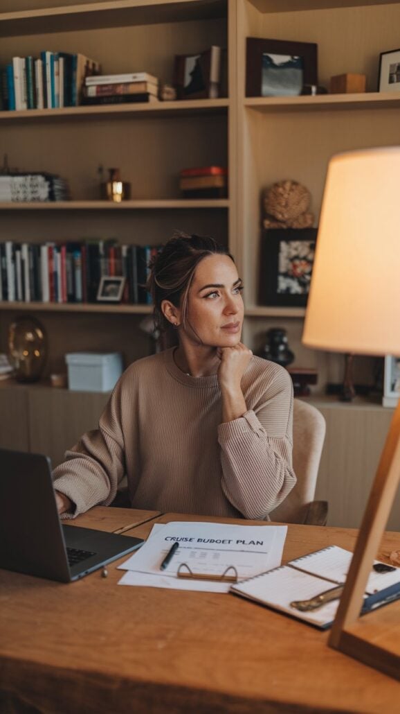 A person sits at a desk in an office, staring thoughtfully into the distance. A laptop is open in front of them, and papers labeled "Cruise Budget Plan" lay on the desk. Shelves filled with books and decor are in the background, perhaps offering tips for perfect cruise planning.