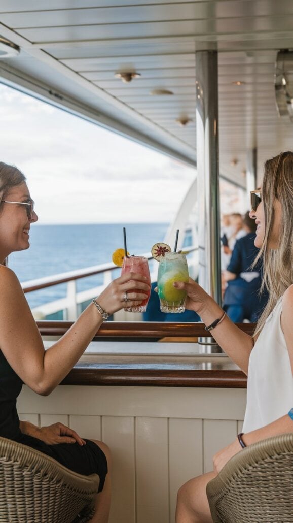 Two people seated at an outdoor bar on a cruise ship hold colorful cocktails, each garnished with fruit. They're smiling and wearing sunglasses, capturing cruise memories to cherish forever. The ocean and cloudy sky provide a stunning backdrop.