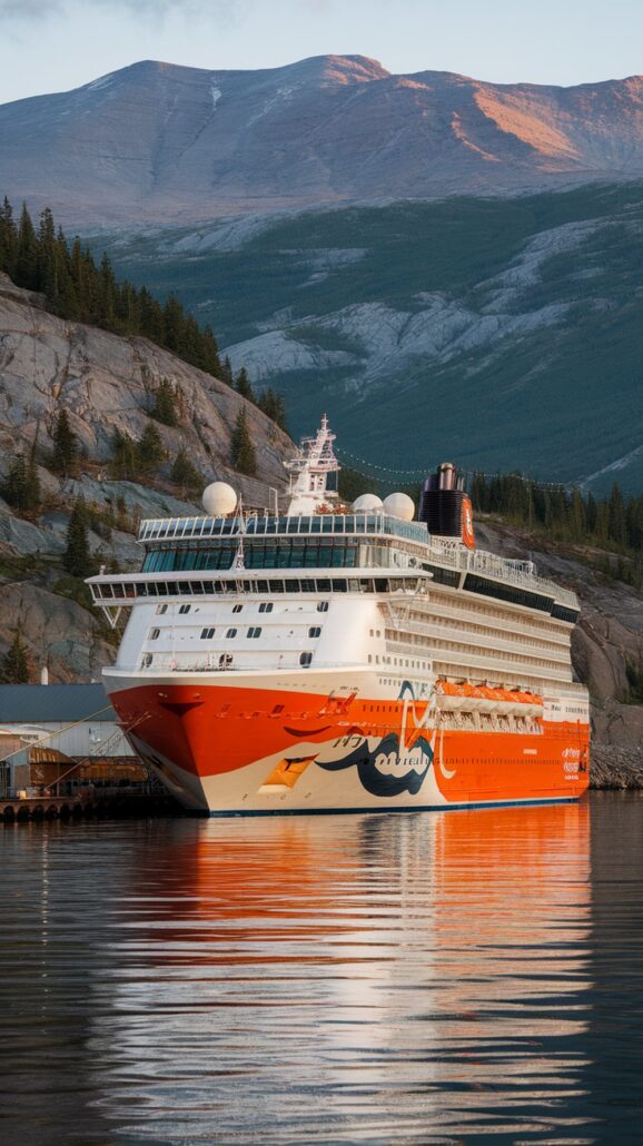 A large cruise ship with a bright red and white exterior is docked at a pier beside Alaska's rocky cliffs and evergreen trees. The Norwegian Cruise vessel boasts stylized orange and white wave designs, with majestic mountains visible in the background.
