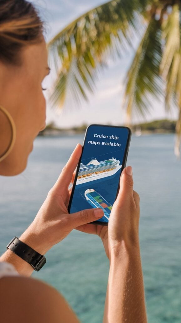A person with hoop earrings holds a smartphone displaying an illustration of a cruise ship with text saying "Cruise ship maps available." Perfect for those planning a cruise, the tropical background of water and palm trees sets the scene for your next adventure.