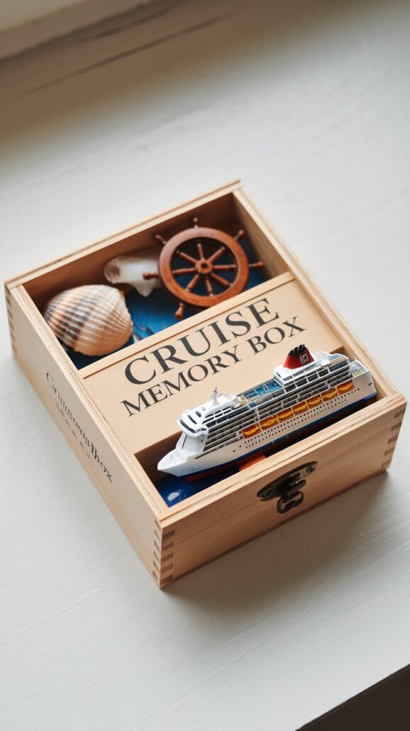 A wooden box labeled "Cruise Memory Box" contains treasures to cherish forever: a model cruise ship, a seashell, and a miniature ship's wheel. Partially open on a light-colored surface, it invites you to explore the cruise memories inside.