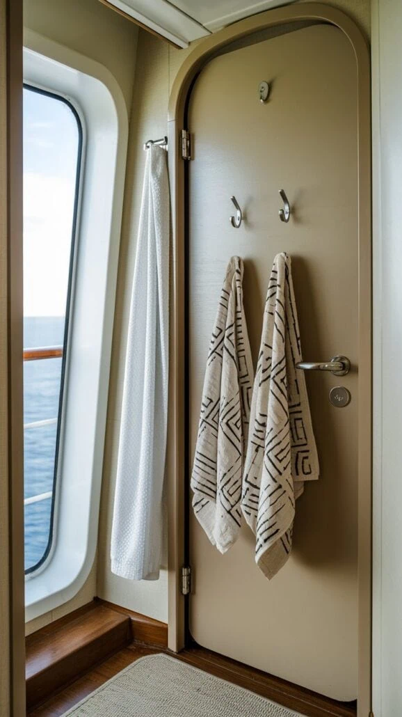 View of a cabin door on a ship with two patterned towels hanging from hooks—essential tips for cruise comfort. A white towel hangs from a rail beside a large window showing the ocean. The door is beige with a silver handle, and there is a textured mat on the floor, perfect for planning your cruise relaxation.