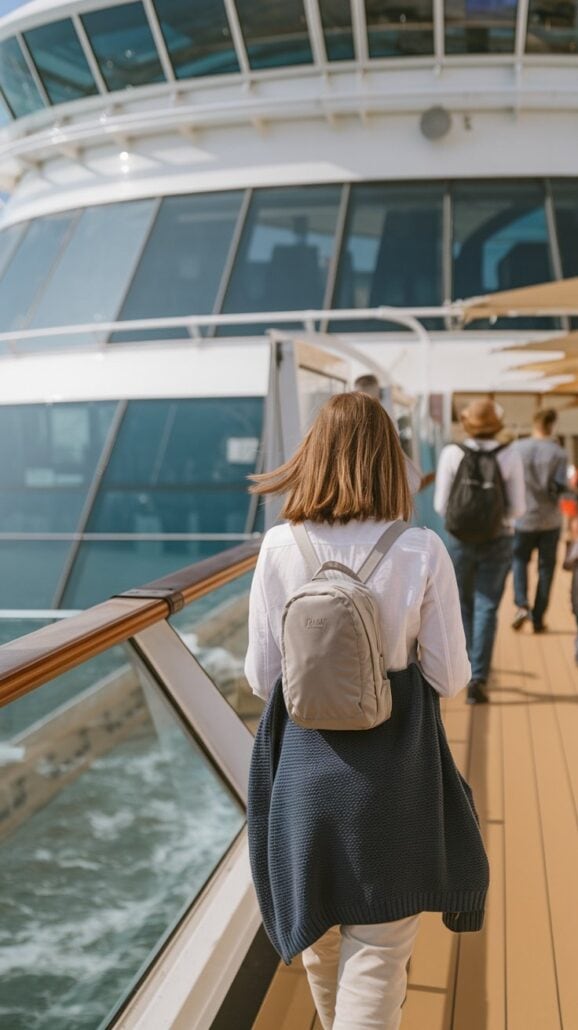 A person with shoulder-length hair, wearing a white shirt and backpack, walks on the deck of a European river cruise. The sea is visible through the glass railing, and other passengers are ahead. The ship's upper structure is partially visible.