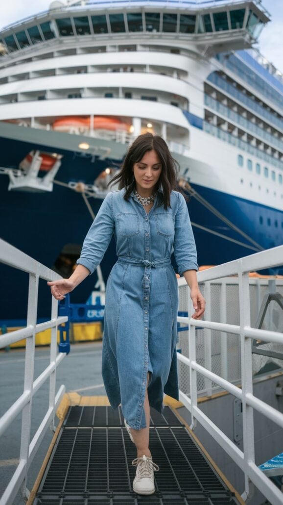 A woman in a stylish denim dress walks gracefully down the gangway from a large cruise ship, its majestic blue and white exterior gleaming. She pairs her outfit with crisp white sneakers, flanked by railings as she steps confidently toward new adventures.