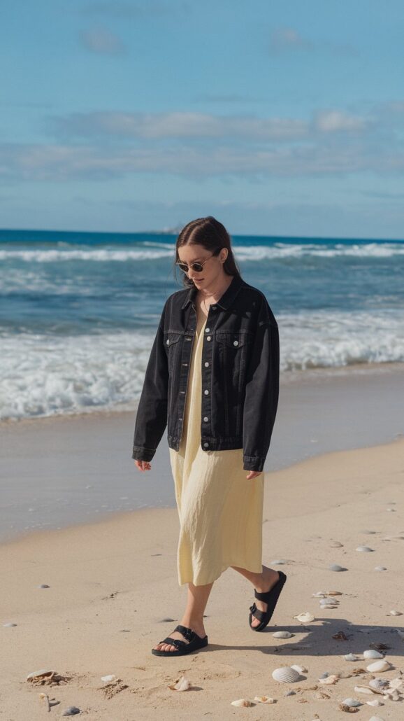 A person strolls along a sandy beach in a stylish outfit—a long yellow dress paired with a black denim jacket and sandals. As they gaze down, the ocean stretches into the distance under a blue sky dotted with clouds, hinting at an adventurous March cruise ahead.