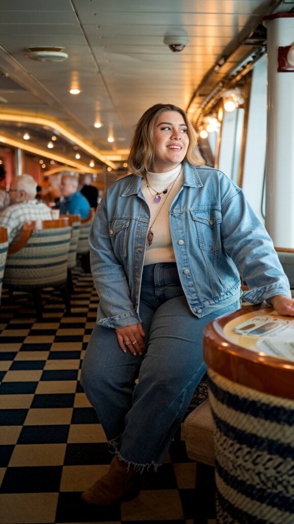 A person is sitting on a chair inside a room with checkered flooring, dressed in a denim jacket and jeans over a white turtleneck shirt. The stylish ensemble makes for an ideal cruise outfit. The room hosts several tables and chairs, with people mingling in the background.