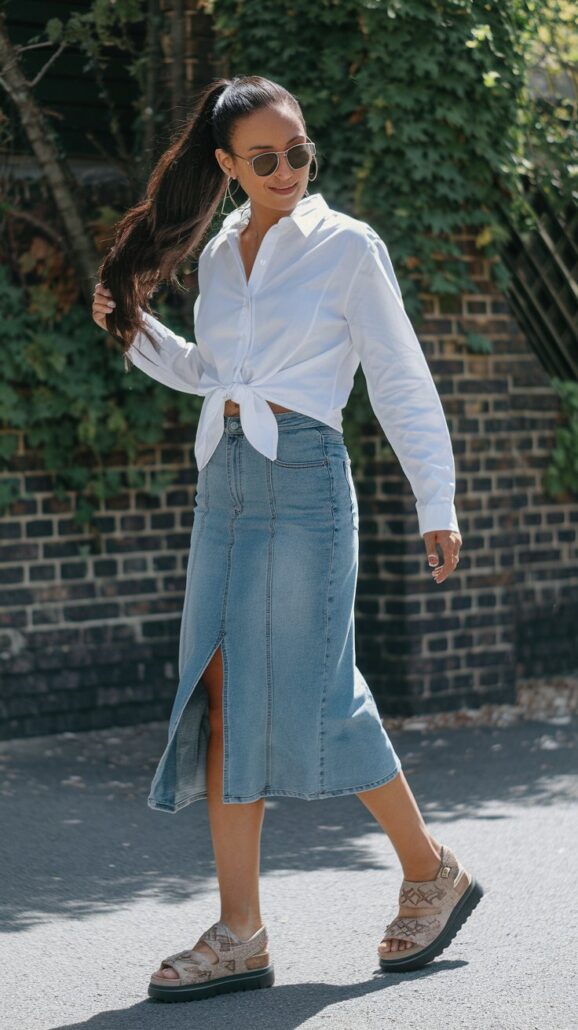 A woman strolls down the street in a stylish outfit: sunglasses, a white knotted shirt, and a denim skirt with a front slit. With long hair tied back and sandals on her feet, she exudes effortless style against a backdrop of greenery and brick wall.
