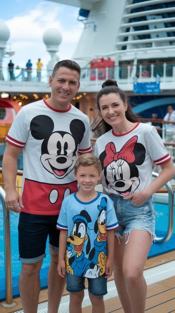 A family of three, two adults and a child, stands on a cruise ship deck wearing magical Disney Cruise outfits. Smiling in themed T-shirts featuring Mickey Mouse, Minnie Mouse, and Donald Duck, they pose against a backdrop of the ship's pool area.