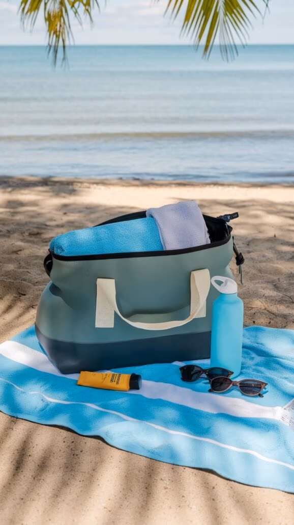 A beach scene portrays a large green tote bag on a striped blue and white towel, hinting at an adventure. The bag holds a blue towel and white cloth, surrounded by sunglasses, sunscreen, and a blue water bottle. Palm fronds cast shadows on the sand with the ocean in the background—a promise of 2025 escapades.