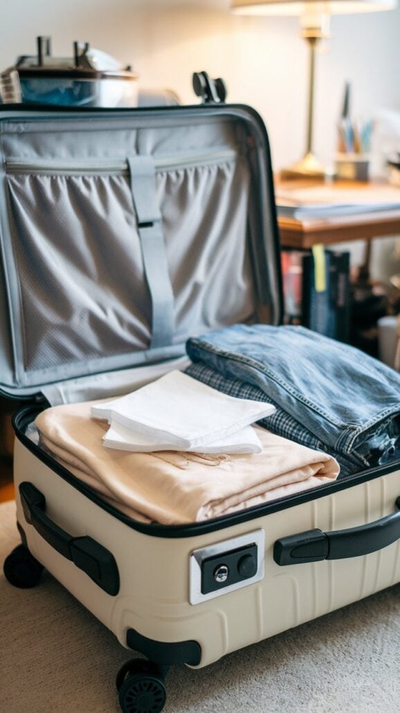 Open beige suitcase on the floor with folded clothes inside, perfect for a woman's 5-day cruise. It includes stylish beige and blue items, all secured with a combination lock and easy to maneuver on four wheels. In the background, a desk stands with a lamp and book, perhaps offering some packing tips.