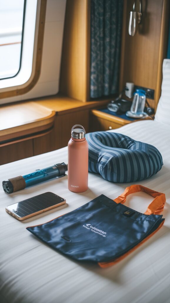 A neatly made bed in a cozy cabin room showcases essential packing tips: a striped neck pillow, copper-colored water bottle, flashlight, smartphone, and reusable bag. A window offers a peek at the potential for Northern Lights, while glasses and mugs rest on a shelf.