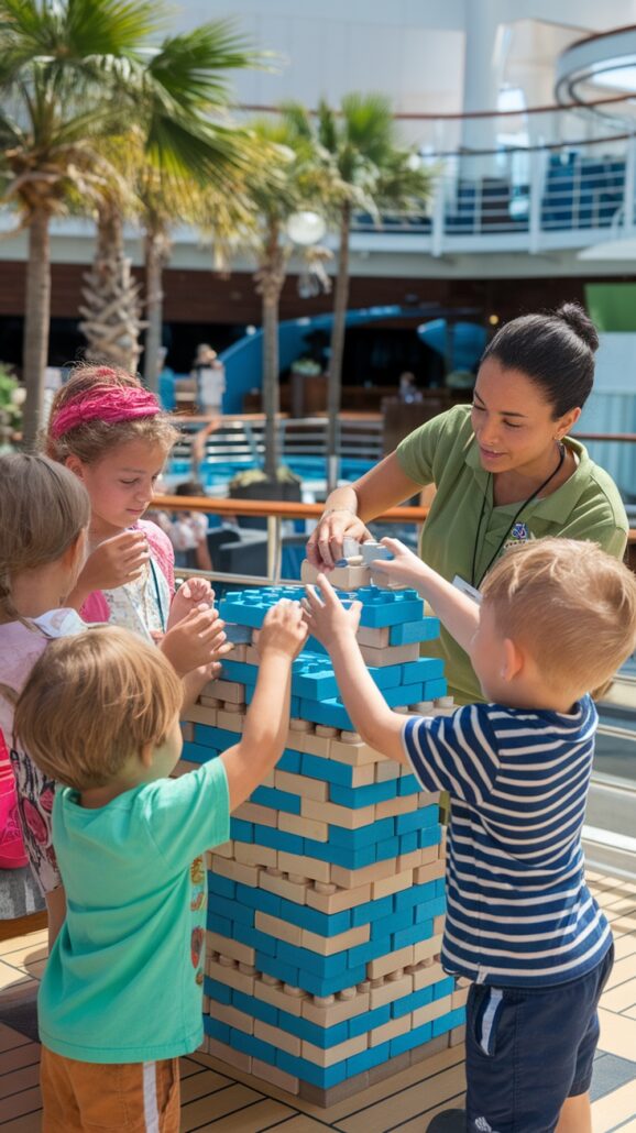 A group of children and an adult enjoy playing with blue and beige oversized foam blocks on a deck, a typical scene on family-friendly Caribbean cruises. Palm trees sway in the background as the adult helps the children add blocks to their growing structure—a perfect reason why moms love these vacations.