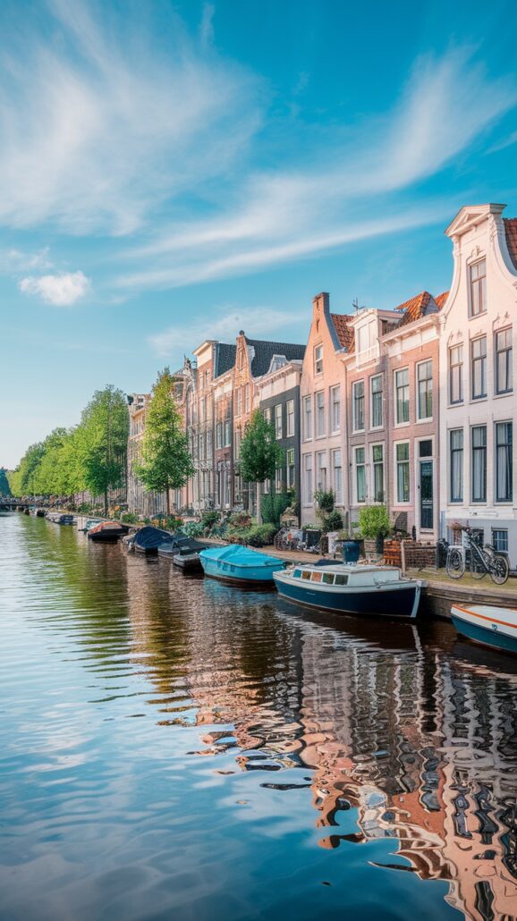 Explore a picturesque canal lined with traditional Dutch houses and moored boats, their reflections dancing in the water under a blue sky with wispy clouds. Trees dot the banks, adding charm to one of Northern Europe's incredible destinations.