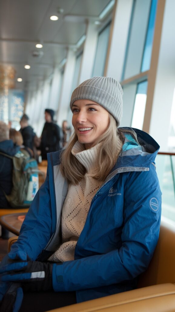 A person with long hair sits in a well-lit room, dressed for adventure in a blue jacket, gray beanie, and black gloves. They smile warmly, surrounded by others who appear to be discussing Northern Lights cruise plans near the windows.