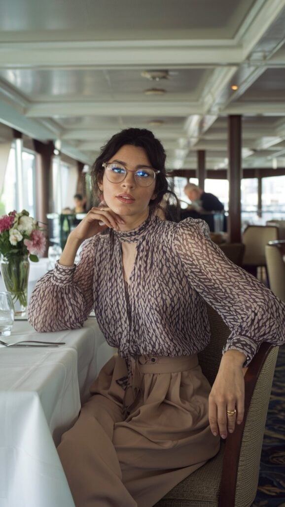 A person with long dark hair in a bun and glasses is seated at a dining table, perhaps contemplating an essential packing list for an upcoming European River Cruise. They wear a patterned blouse and beige pants, resting their chin on their left hand. The restaurant setting features floral decorations on the table.