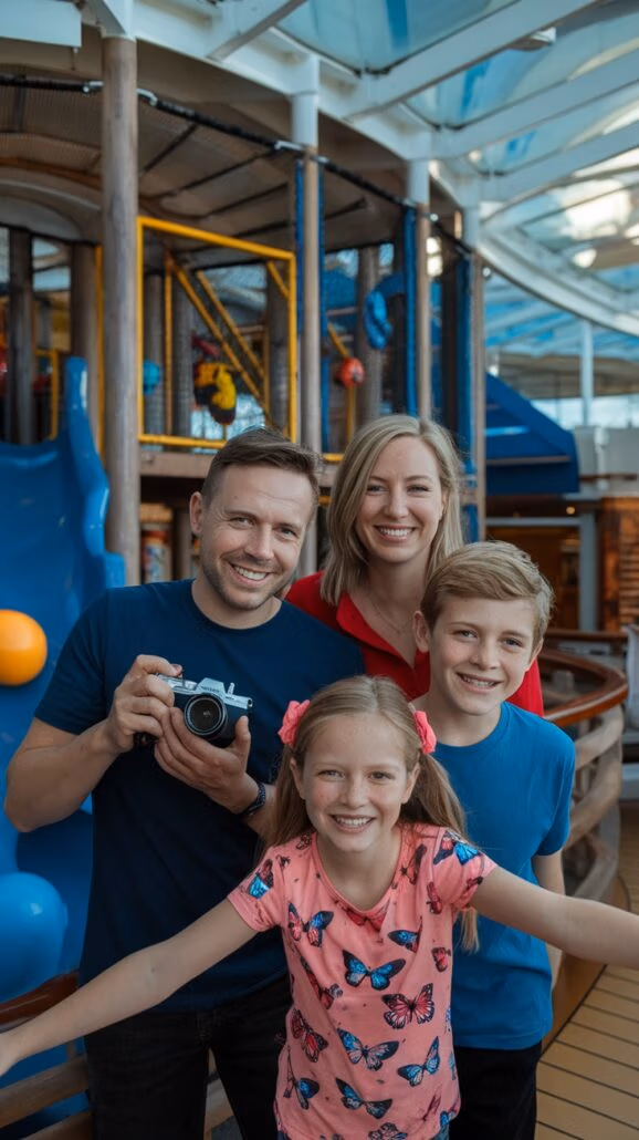 A family of four poses for a photo inside a play area on their Norwegian Cruise. The man holds a camera, while the woman and two children stand in front. The girl wears a pink butterfly shirt, and the boy dons blue. A play structure is visible behind them, capturing their joyful Alaska adventure.