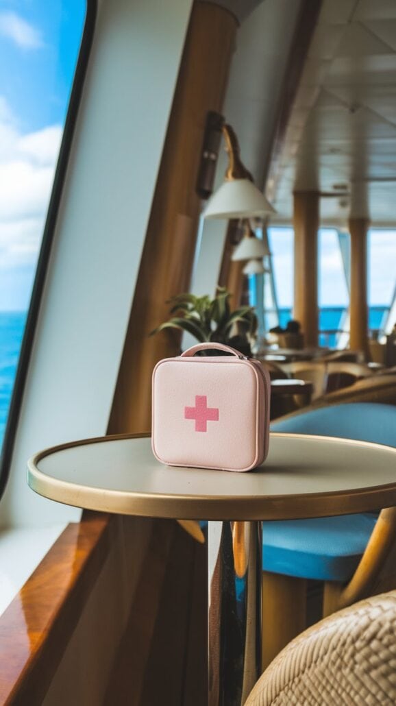 A small pink first aid kit with a red cross sits on a round table near a window, holding essential items. The interior features wooden elements and blue chairs, perfect for any cruise. The window offers a view of the ocean under a partly cloudy sky.