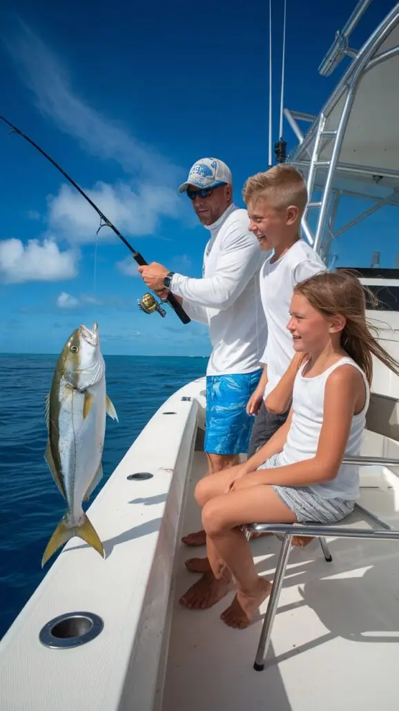A man with a fishing rod and two children are on a boat, enjoying an unforgettable family adventure. The man proudly holds a large fish hanging from the line as the children watch in awe. With the clear sky above and the vast Caribbean cruise view behind, it's a moment to cherish.