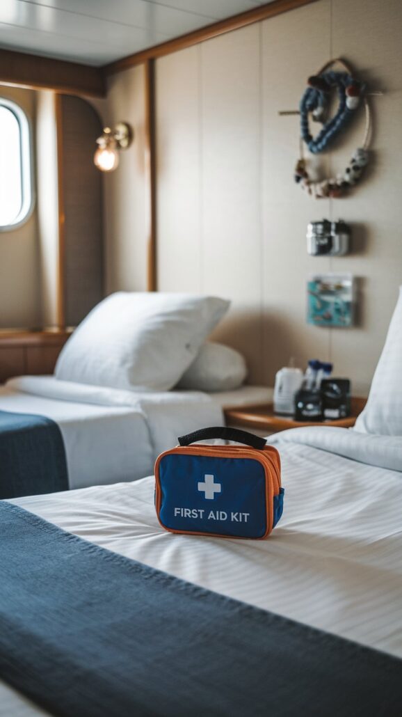A first aid kit, an essential item on your packing list for a European river cruise, rests on a neatly made bed in the ship's cabin. The room features two single beds with navy blue and white bedding, a porthole window, wall-mounted lights, and a shelf with mugs and tea supplies.