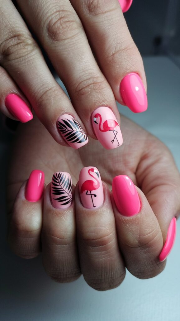Close-up of hands flaunting bright pink manicured nails, ideal for a Bahamas cruise. Two nails feature intricate black leaf designs, while two showcase charming flamingo illustrations. The blurred gray background ensures these are the best designs to stand out on vacation.