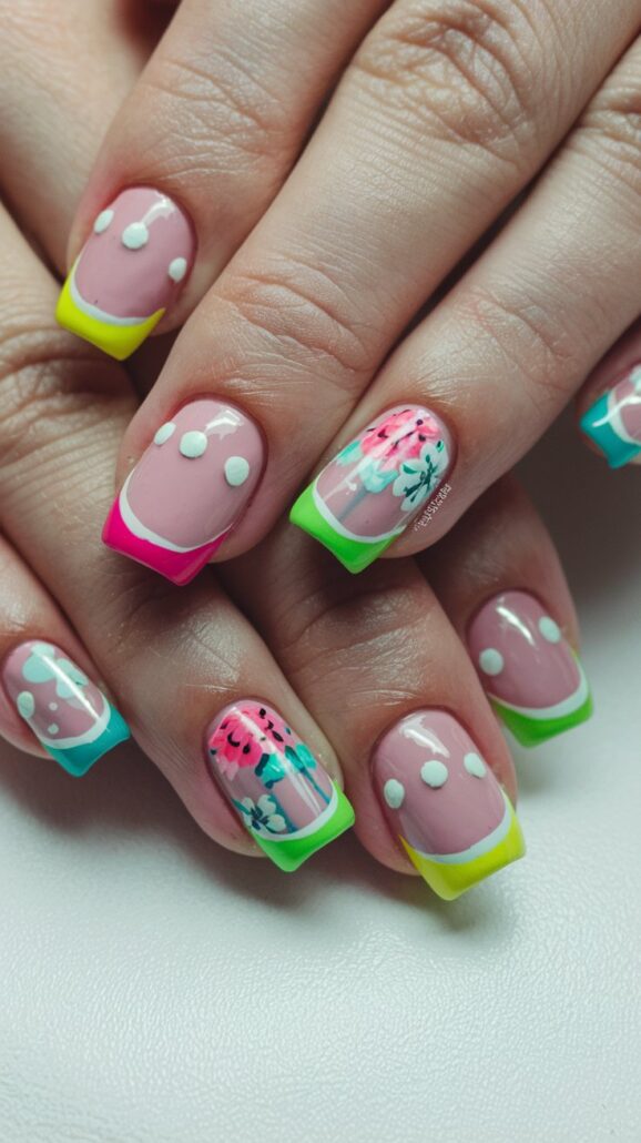Close-up of hands showcasing Cruise Nails with colorful nail art. The nails, perfect for a Bahamas getaway, feature bright tips in yellow, pink, and green with white polka dots and floral designs on a natural pink base. Neatly shaped and polished, these are among the best designs for sunny vacations.
