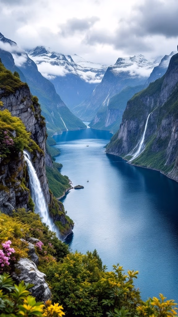 Explore the incredible destinations of Northern Europe with a scenic view of a fjord, where steep cliffs and cascading waterfalls meet deep blue waters. Snow-capped mountains loom in the background, while lush green vegetation and pink flowers decorate the foreground under cloudy skies.