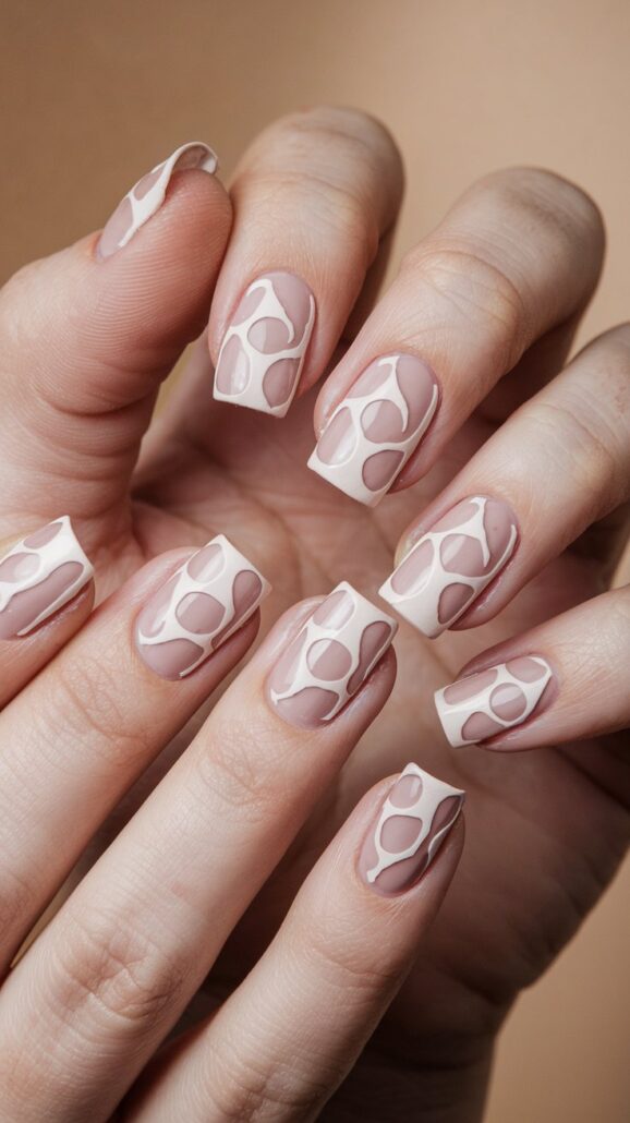 A close-up of hands showing fingernails with a manicure featuring a pink base and an abstract white swirl pattern. The medium-length nails are neatly filed, exuding Cruise nails elegance against a soft, neutral background.