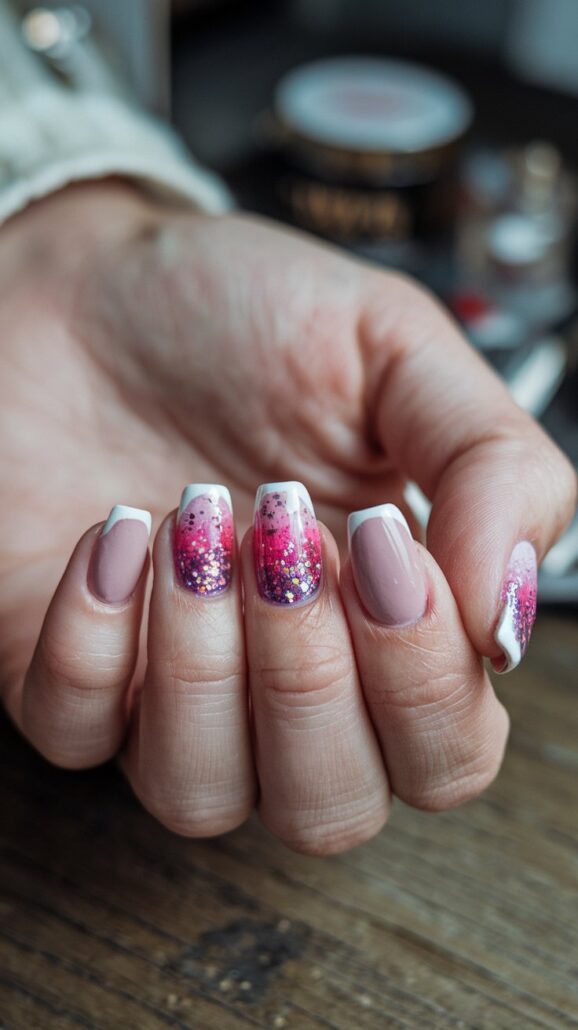 A hand with manicured short nails is shown. The nails feature a pink gradient design with glitter and floral accents on each nail. The background includes blurred-out containers on a wooden surface, offering stylish ideas perfect for your next cruise.