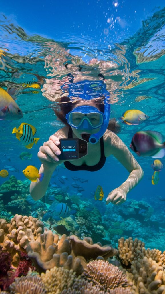 A person wearing a blue snorkel and mask takes an underwater photo with a camera. Colorful fish swim nearby among the coral in clear blue water—an essential tip for capturing memories on your Bahamas cruise.