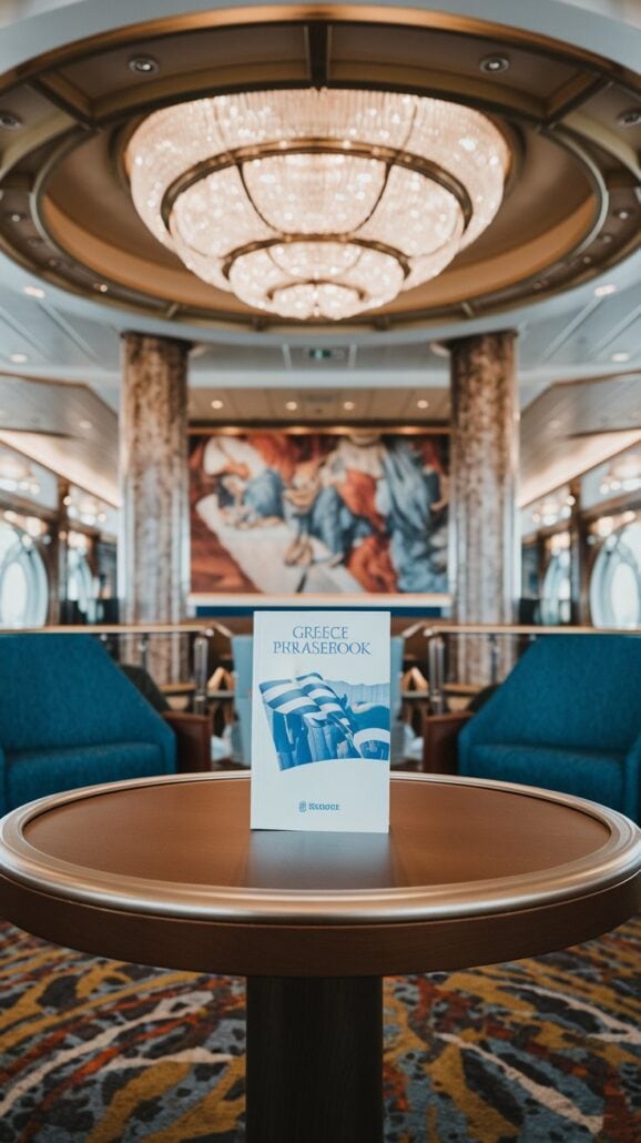 A book titled "Greece Phrasebook" elegantly stands on a wooden table in an opulent room. Nearby, blue chairs and marble columns evoke the grandeur of a Greek cruise, while a large mural and grand chandelier complete the majestic setting.