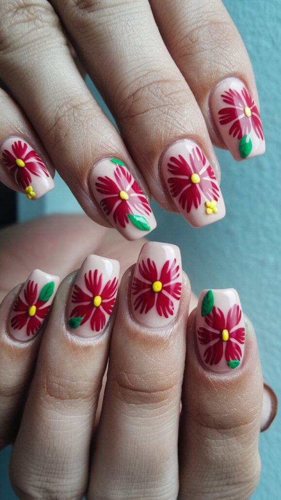 Close-up of beautifully manicured fingernails showcasing one of the best designs for cruise nails. The intricate nail art features red flowers with yellow centers and green leaves against a pale pink background, reminiscent of a tropical Bahamas escape.