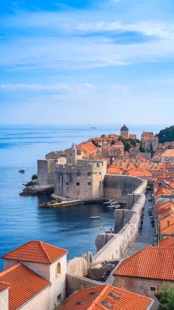Aerial view of a historic coastal city with stone buildings and red-tiled roofs overlooking the sea. Explore a prominent stone fortress extending into the water, with calm waves and a clear blue sky—an incredible destination for any Northern Europe cruise.