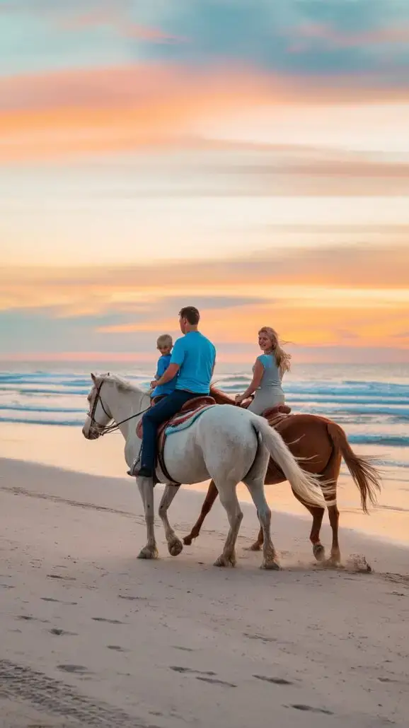 A man, woman, and young child ride two horses along a beach at sunset as part of their family adventures. The sky is vibrant with hues of orange, pink, and blue, and the ocean waves gently lap at the shore. This unforgettable experience leaves them relaxed and content.