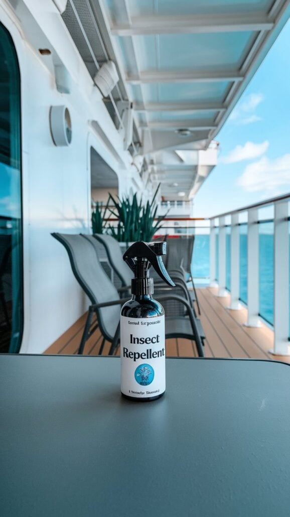 A bottle labeled "Insect Repellent" sits on a table on the cruise ship deck, essential for any Canada Cruise. Several deck chairs line the railing, offering a perfect view of the clear sky and sea.