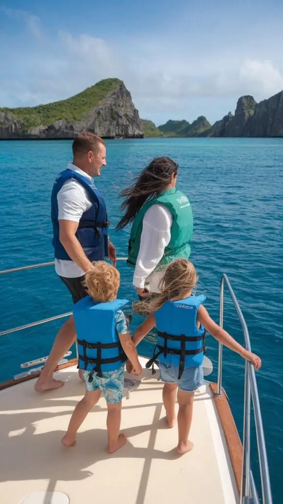 A family of four, two adults and two children, stand on a boat deck wearing life jackets. They gaze at the unforgettable view of the ocean and rocky islands under a clear blue sky, enjoying their Caribbean cruise adventure together.