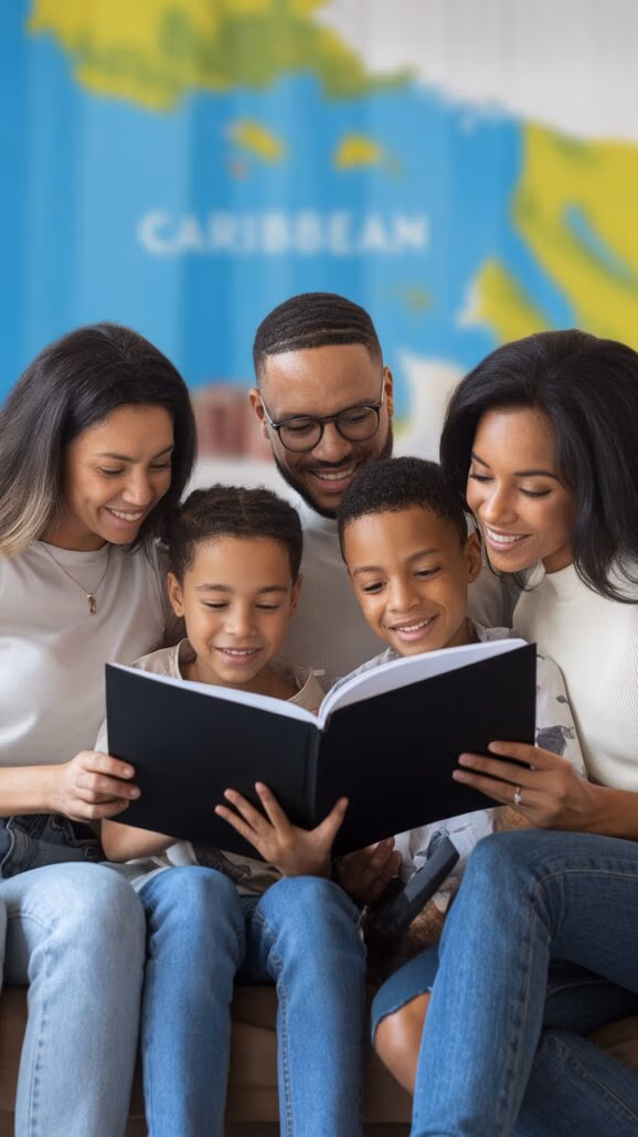 A group of five, including two moms and three children, are cozily gathered on a couch, eagerly exploring a book. A colorful map labeled "Caribbean" hints at their dreams of family-friendly Caribbean cruises hanging vividly on the wall behind them.