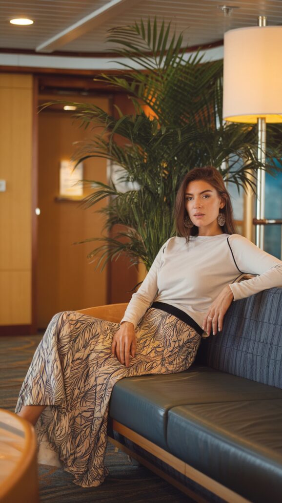 A woman seated on a blue and gray couch indoors, dressed in a light long-sleeve top and a patterned skirt, shares packing tips for your Caribbean cruise. Framed by wooden walls, a potted plant, and a floor lamp, her long hair cascades as she gazes toward the camera.