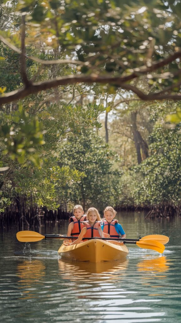 Three people wearing life jackets paddle a yellow kayak in a calm, narrow waterway surrounded by lush green trees. This sunlit and serene moment captures the essence of family adventures, with reflections dancing on the water's surface, creating unforgettable experiences.