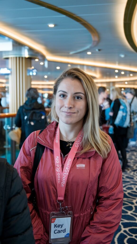 A woman in a red jacket stands indoors with a lanyard and key card around her neck. She has long blonde hair and smiles slightly. Amidst the bustling crowd in a brightly lit room with patterned carpet, she carries her essential items, like she's ready to embark on a free cruise packing journey.