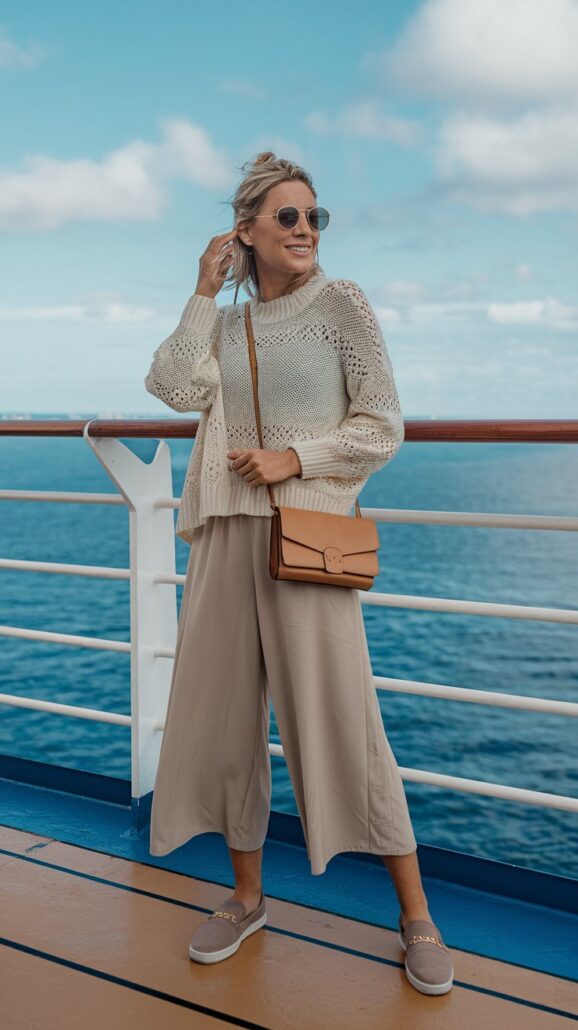 A woman in stylish outfits, including sunglasses, a cream knit sweater, wide beige pants, and slip-on shoes, stands gracefully on a cruise ship deck. She carries a tan crossbody bag and poses with one hand near her face against the backdrop of the ocean and cloudy sky.