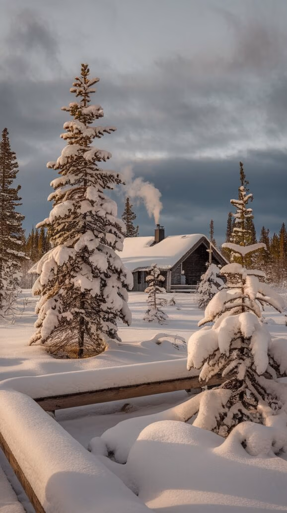 A snow-covered landscape features a cabin with smoke rising from its chimney, surrounded by snow-laden evergreen trees. As you explore this serene setting, the overcast sky casts a soft light, reminiscent of incredible destinations found on a Northern Europe cruise.