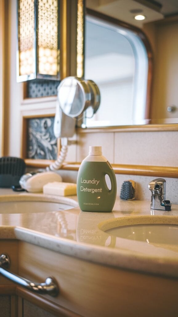 A bottle of laundry detergent sits on the bathroom countertop, flanked by a hairdryer, a brush, and a soap dish beside the silver faucet. It's an organized scene worthy of a woman's guide to packing tips, with sunlight streaming through the window offering an inviting view outside.