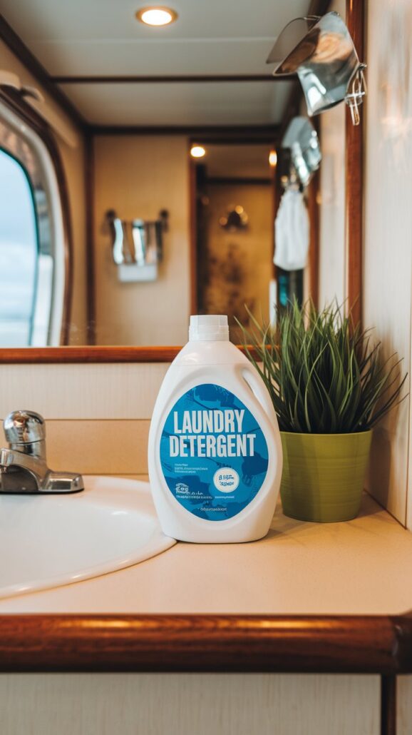 A bottle of laundry detergent with a blue label sits on a bathroom counter next to a green potted plant, reminiscent of tranquility on a cruise. The silver faucet gleams under the mirror's reflection, while a window lets in light, adding charm beyond any packing list essentials.