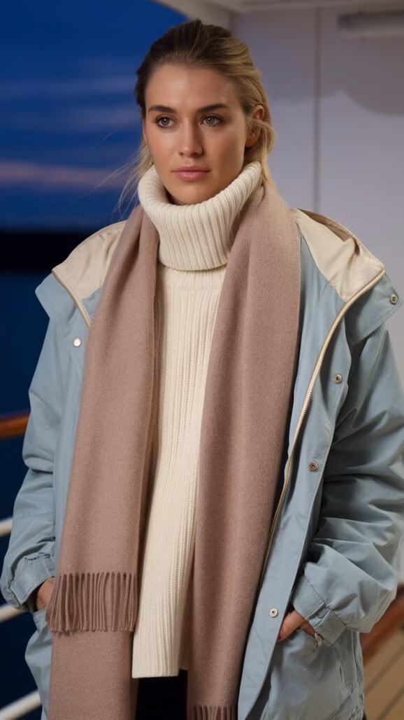 A person stands on a deck in stylish cruise wear, featuring a light blue jacket, cream turtleneck sweater, and light brown scarf. The scene is set against a darkening sky, suggesting evening—perfect comfortable travel attire.