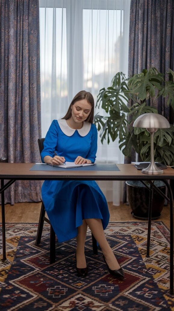 A woman in a blue dress with a white collar sits at a desk, capturing her cruise memories on paper. The desk, set on a patterned rug, holds a lamp. In the background, a large leafy plant and window with curtains frame this moment she'll cherish forever.