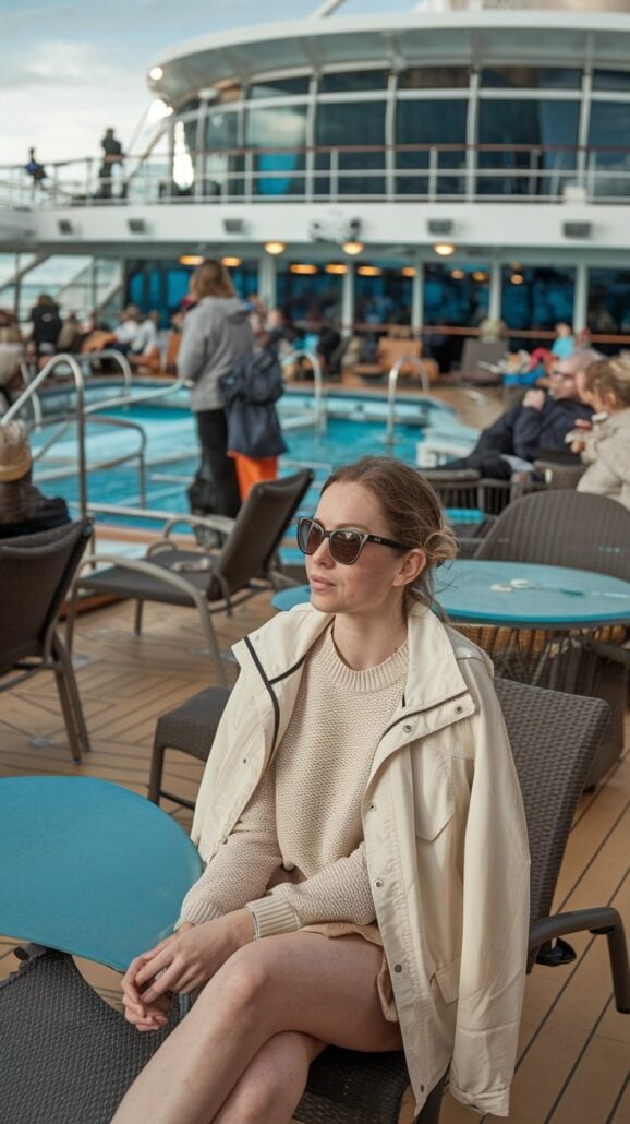 A woman in sunglasses and a light jacket sits on a deck chair next to a small table on a cruise ship, enjoying the leisurely vibe. Behind her, several people gather near the pool. It's the perfect scene for recalling essential tips that make planning a cruise even more enjoyable.