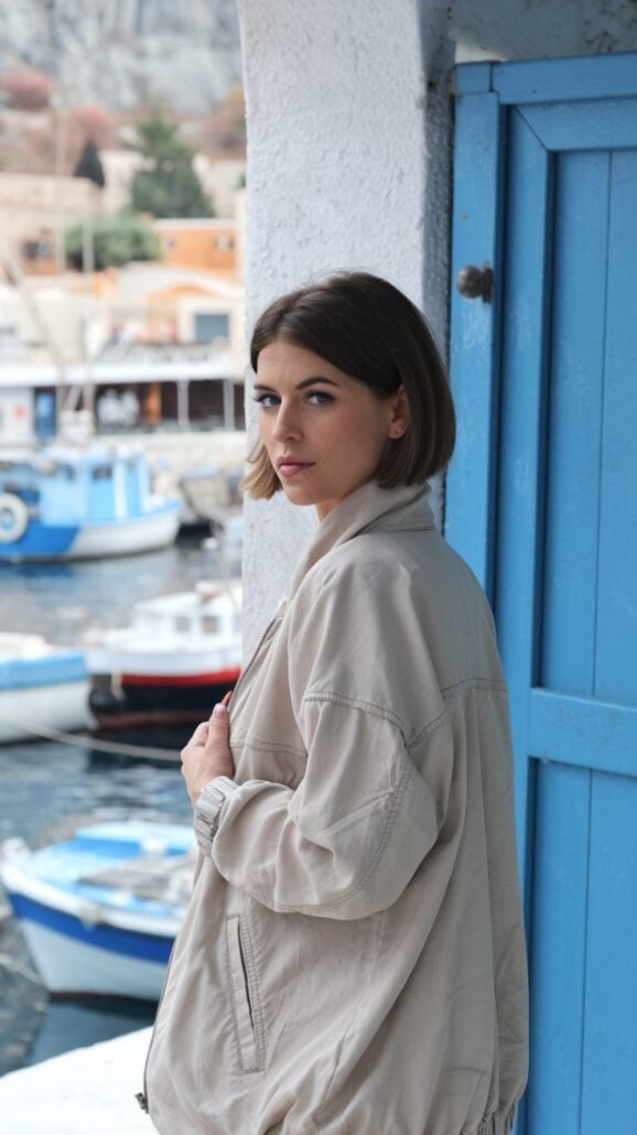 A woman with short dark hair stands by a blue wooden door, wearing a beige jacket, perhaps contemplating her packing list for an upcoming Greek cruise. She looks over her shoulder towards the camera. In the background, boats are docked by a waterfront with buildings in soft colors.