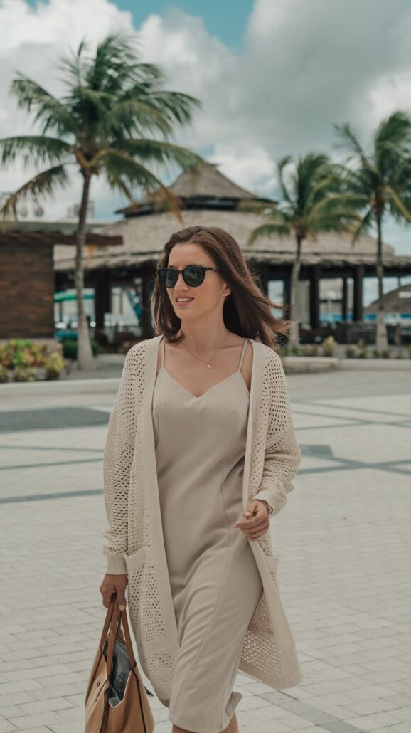 A woman in stylish outfits, including sunglasses, a light dress, and a knitted cardigan, strolls through a sunlit paved area. She carries a brown bag. Palm trees and a wooden structure frame the backdrop under a partly cloudy sky, reminiscent of a March cruise adventure.
